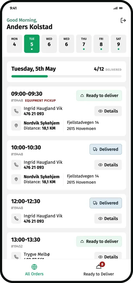 OA Delivery driver app showing today's delivery list on a phone